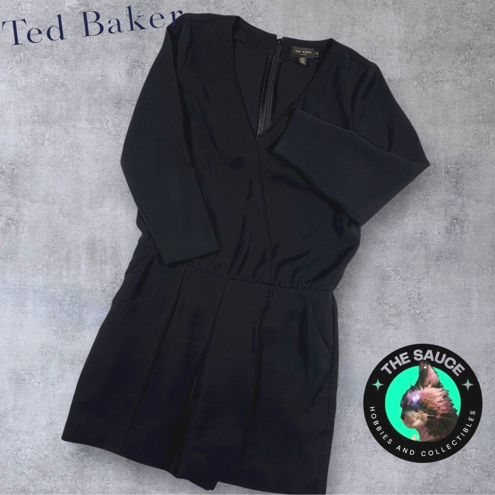 Ted Baker Ariyell‎ Romper Womens 2 Black V-Neck 3/4 Sleeve Pleated Quiet Luxury